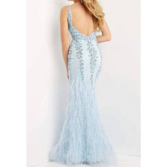 NEW JOVANI feather gown in baby blue - Picture 2 of 3